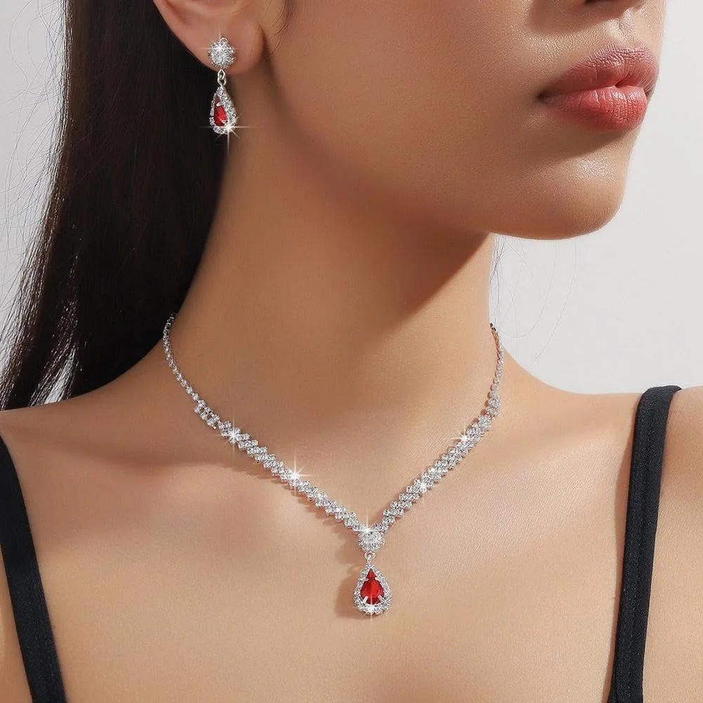 Jewelry Sets for Women, Silver Jewelry Set for Women Rhinestone Crystal Necklace Drop Earrings Link Bangle Bracelet, Bridal Jewelry Set Luxurious and High-end Accessories (Red 3pcs)