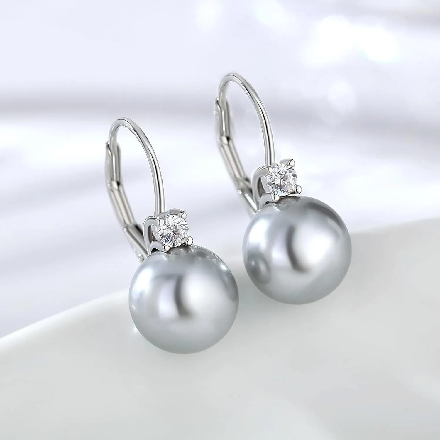 Jiamiaoi Pearl Diamond Earrings for Women Dangle Drop Earrings 925 Sterling Silver Pearl Lever Back Drop Earrings Pearl Silver Earrings for Women Come with Gift Box