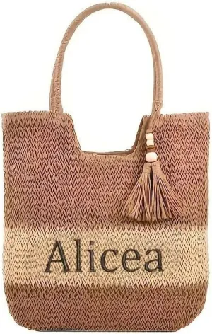 JINMA Personalized Woven Tote Bag with Embroidery Name  Custom Straw Beach Bag with Tassel  Handmade Summer Handbag for Women