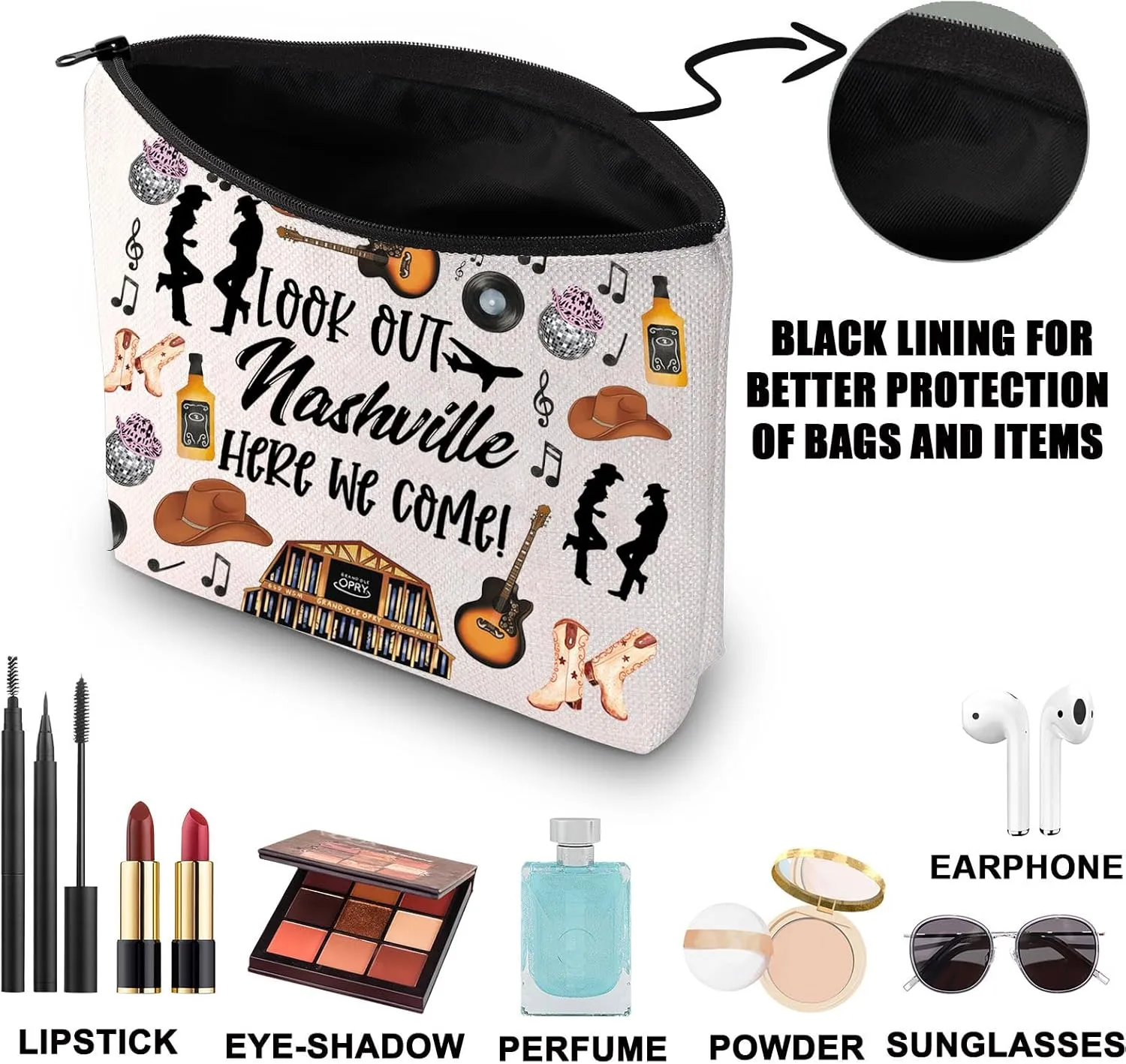 JNIAP Nashville Makeup Bag Nashville Trip Gifts Nashville Themed Gifts Nashville Zipper Bag Nashville Bags For Women (look out Nashville)