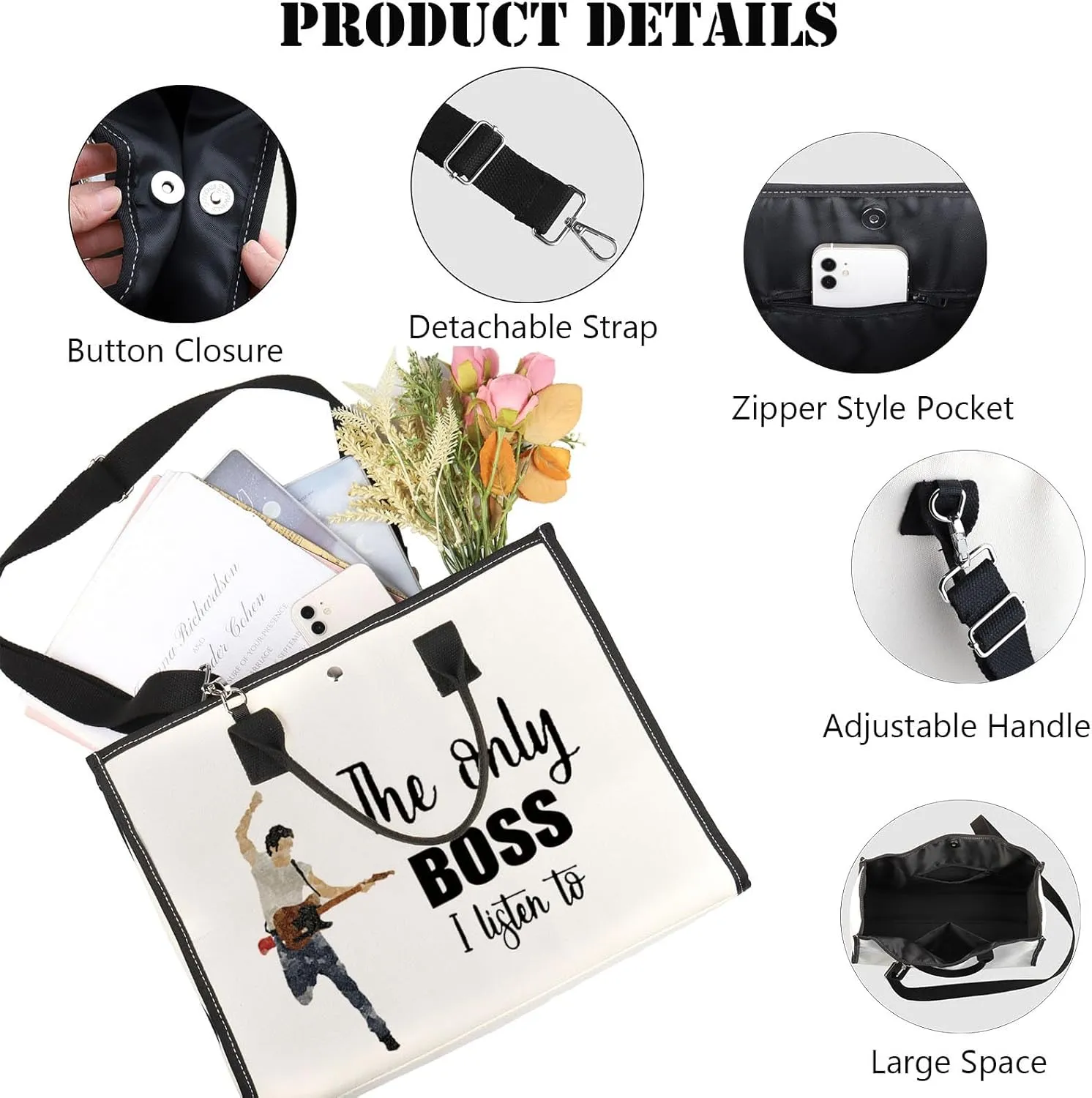JNIAP Singer Fans Cosmetic Makeup Bag Rock Music Lover Gifts The Only Boss I Listen To Music Zipper Pouch Bag Singer Merchandise (only boss tote)