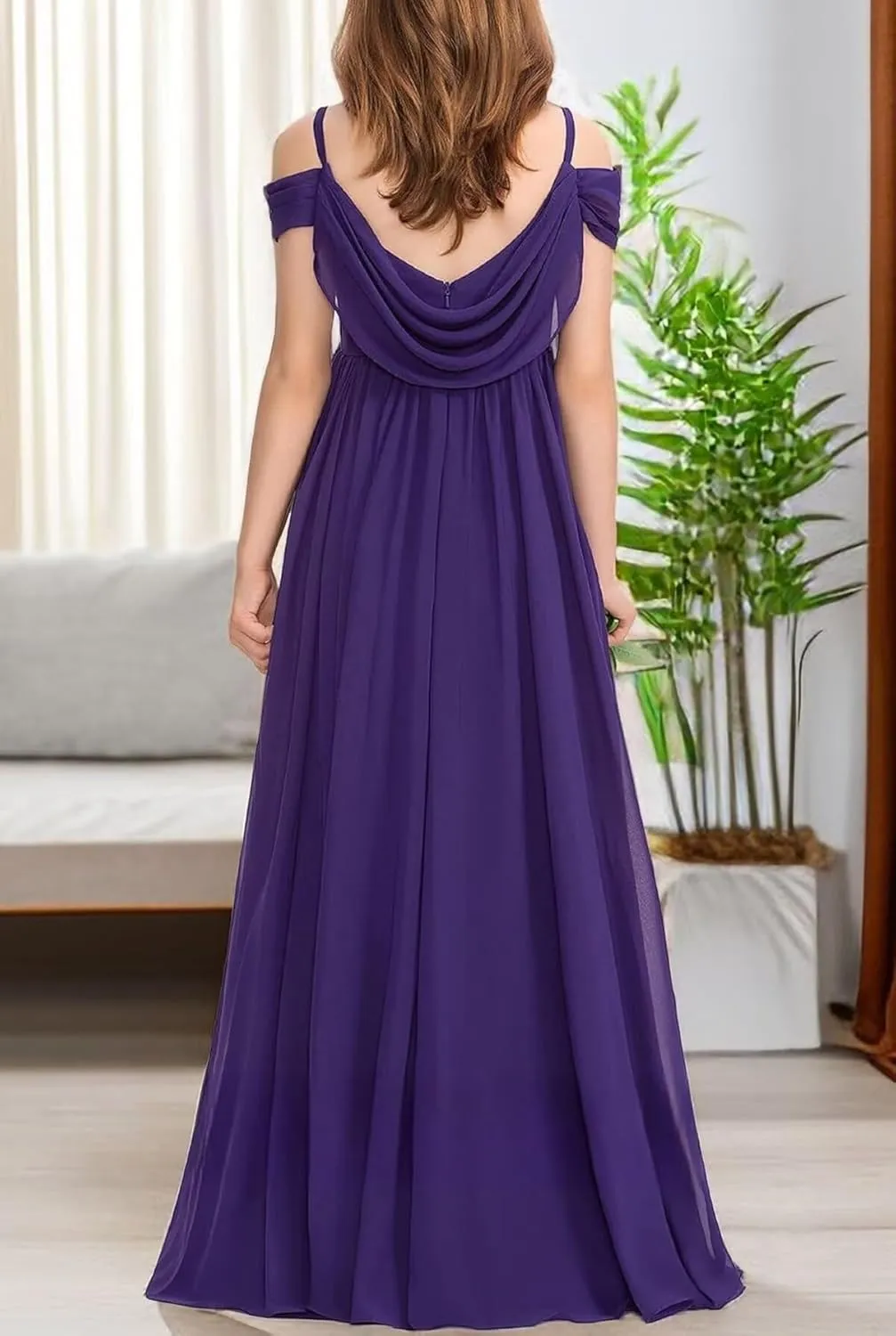 Junior Girls Off Shoulder Bridesmaid Dress for Wedding Chiffon Flower Girls Ruffles Flowy Summer Holiday Dress