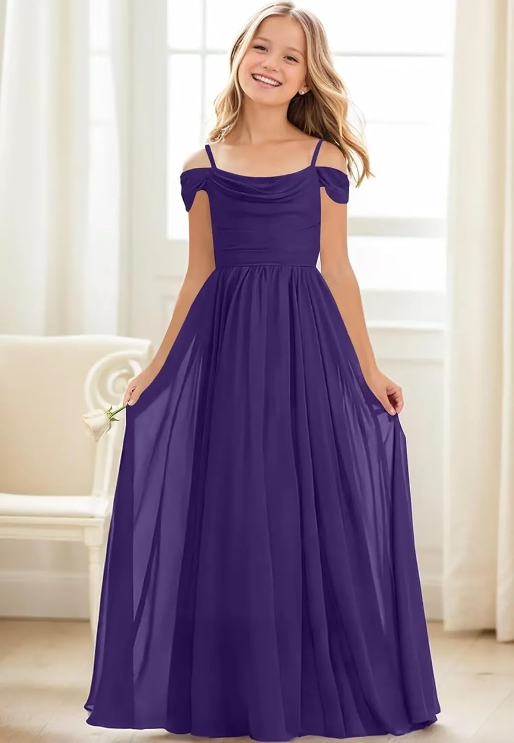 Junior Girls Off Shoulder Bridesmaid Dress for Wedding Chiffon Flower Girls Ruffles Flowy Summer Holiday Dress