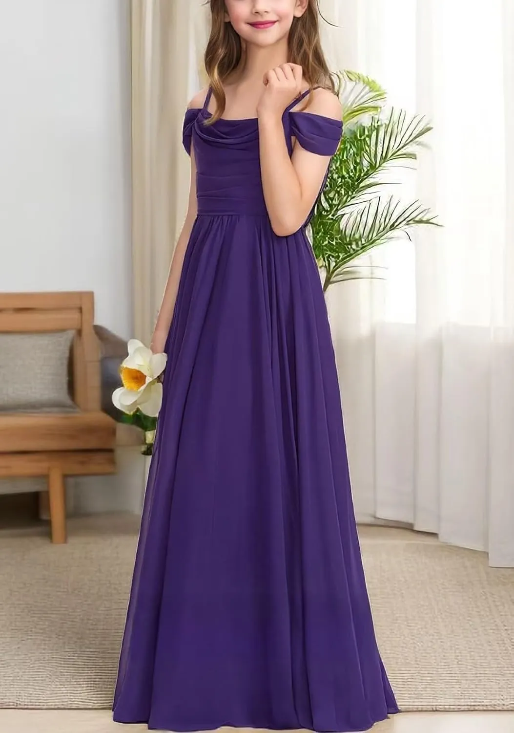 Junior Girls Off Shoulder Bridesmaid Dress for Wedding Chiffon Flower Girls Ruffles Flowy Summer Holiday Dress