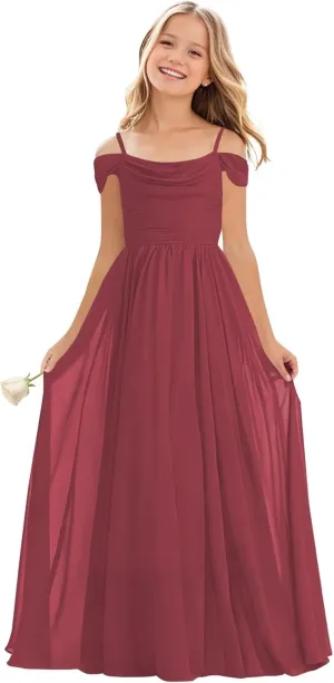 Junior Girls Off Shoulder Bridesmaid Dress for Wedding Chiffon Flower Girls Ruffles Flowy Summer Holiday Dress