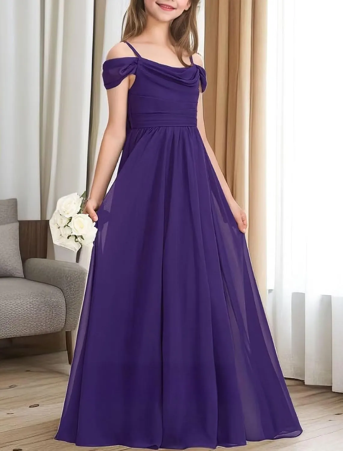 Junior Girls Off Shoulder Bridesmaid Dress for Wedding Chiffon Flower Girls Ruffles Flowy Summer Holiday Dress