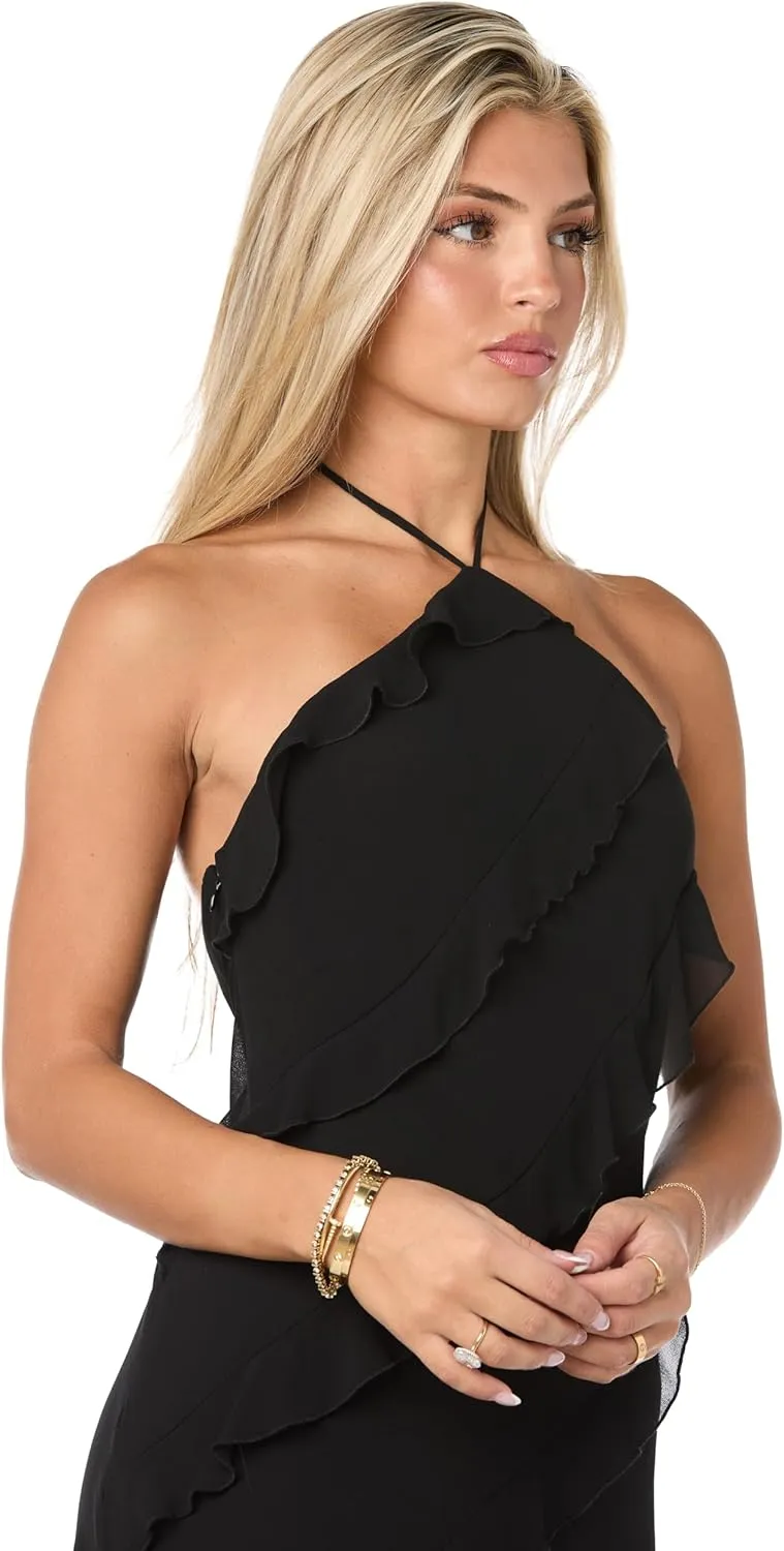 Juniors Chiffon Halter Dress W/Asymmetric Ruffle Front