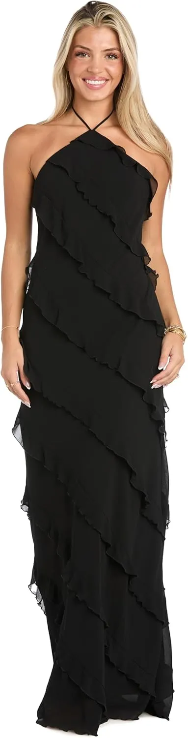 Juniors Chiffon Halter Dress W/Asymmetric Ruffle Front