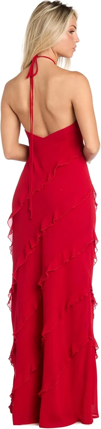 Juniors Chiffon Halter Dress W/Asymmetric Ruffle Front