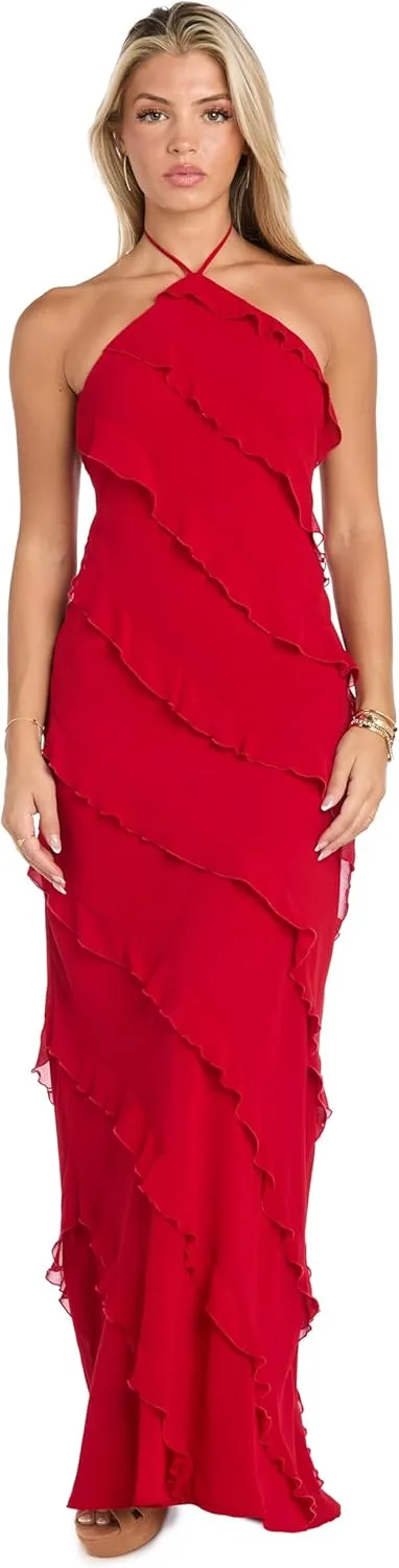 Juniors Chiffon Halter Dress W/Asymmetric Ruffle Front