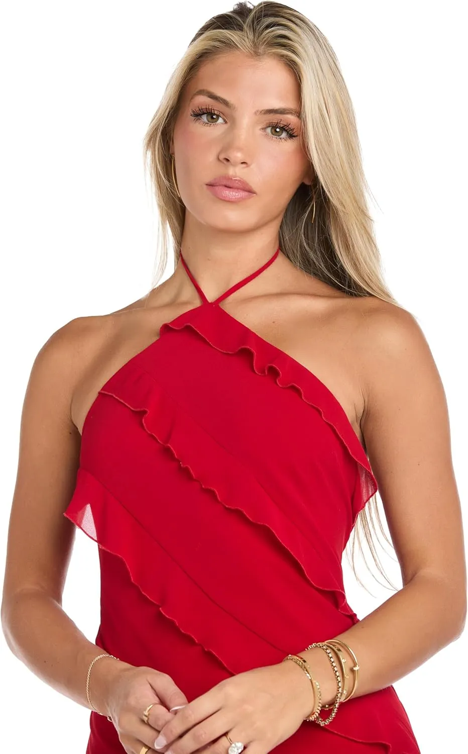 Juniors Chiffon Halter Dress W/Asymmetric Ruffle Front