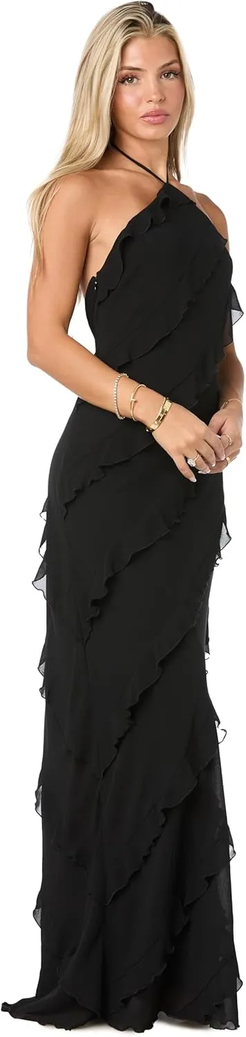 Juniors Chiffon Halter Dress W/Asymmetric Ruffle Front
