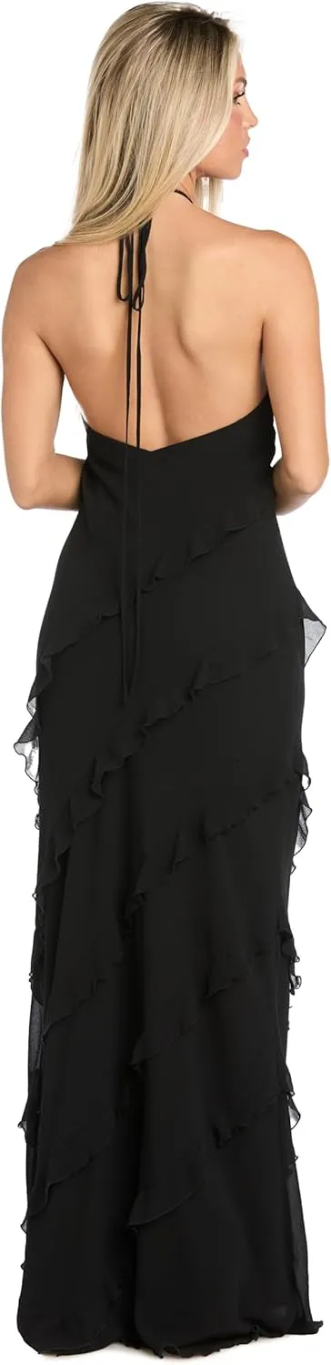 Juniors Chiffon Halter Dress W/Asymmetric Ruffle Front