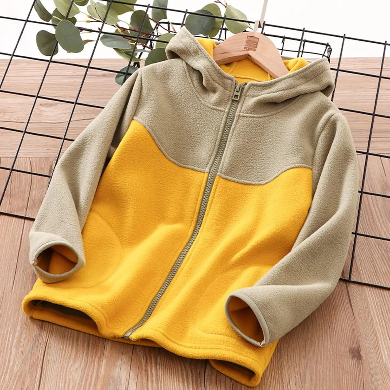 Kids Full Zip Polar Fleece Jacket Color Block Fleece Hoodie Boys Girls Hooded Sweatshirt Lightweight Windproof Coat