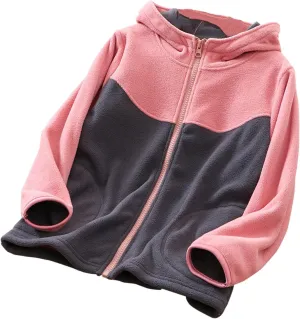 Kids Full Zip Polar Fleece Jacket Color Block Fleece Hoodie Boys Girls Hooded Sweatshirt Lightweight Windproof Coat