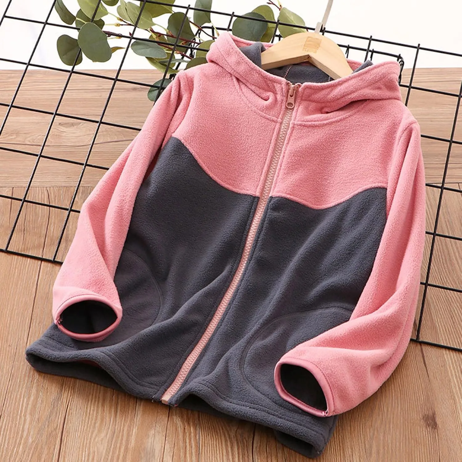 Kids Full Zip Polar Fleece Jacket Color Block Fleece Hoodie Boys Girls Hooded Sweatshirt Lightweight Windproof Coat