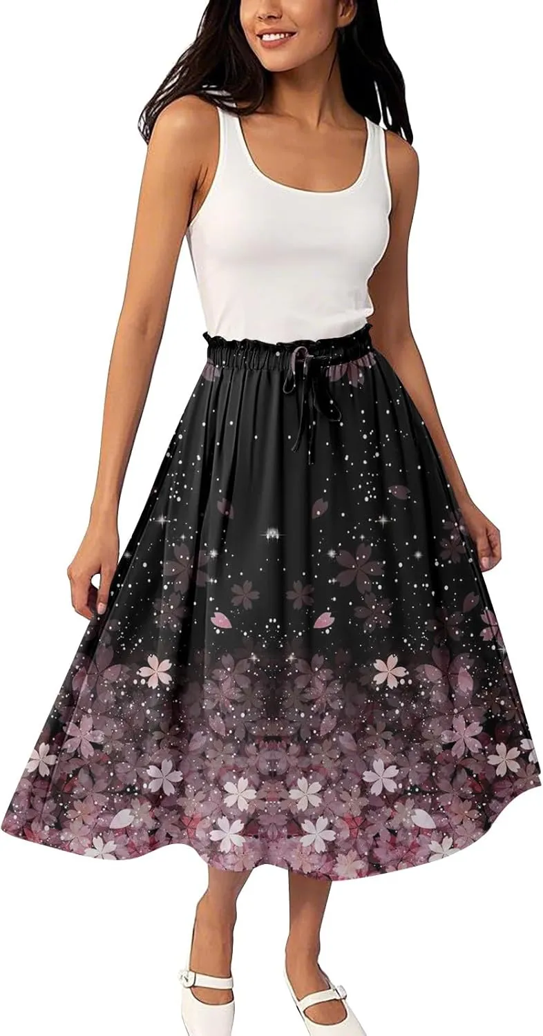 Knee Length Skirt for Women High Waist Flowy A-Line Casual Summer Skirt Trendy