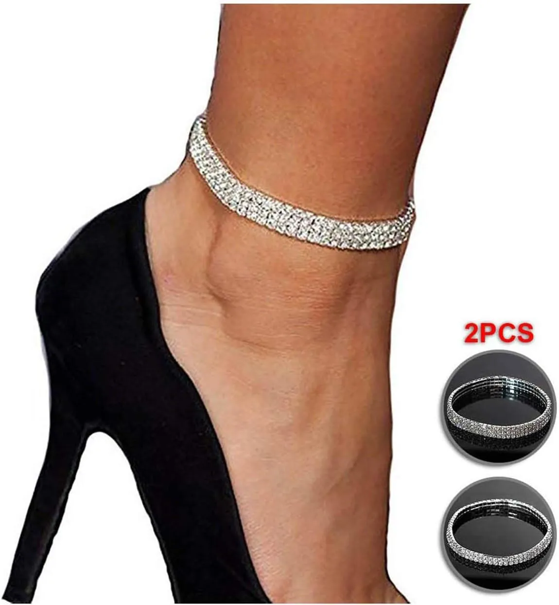 Kucheed 2PCS Twinkle Diamond Anklet Elastic Bling Shining Foot Jewelry Rhinestones Bridal SummerAnkle Bracelet Jewelry