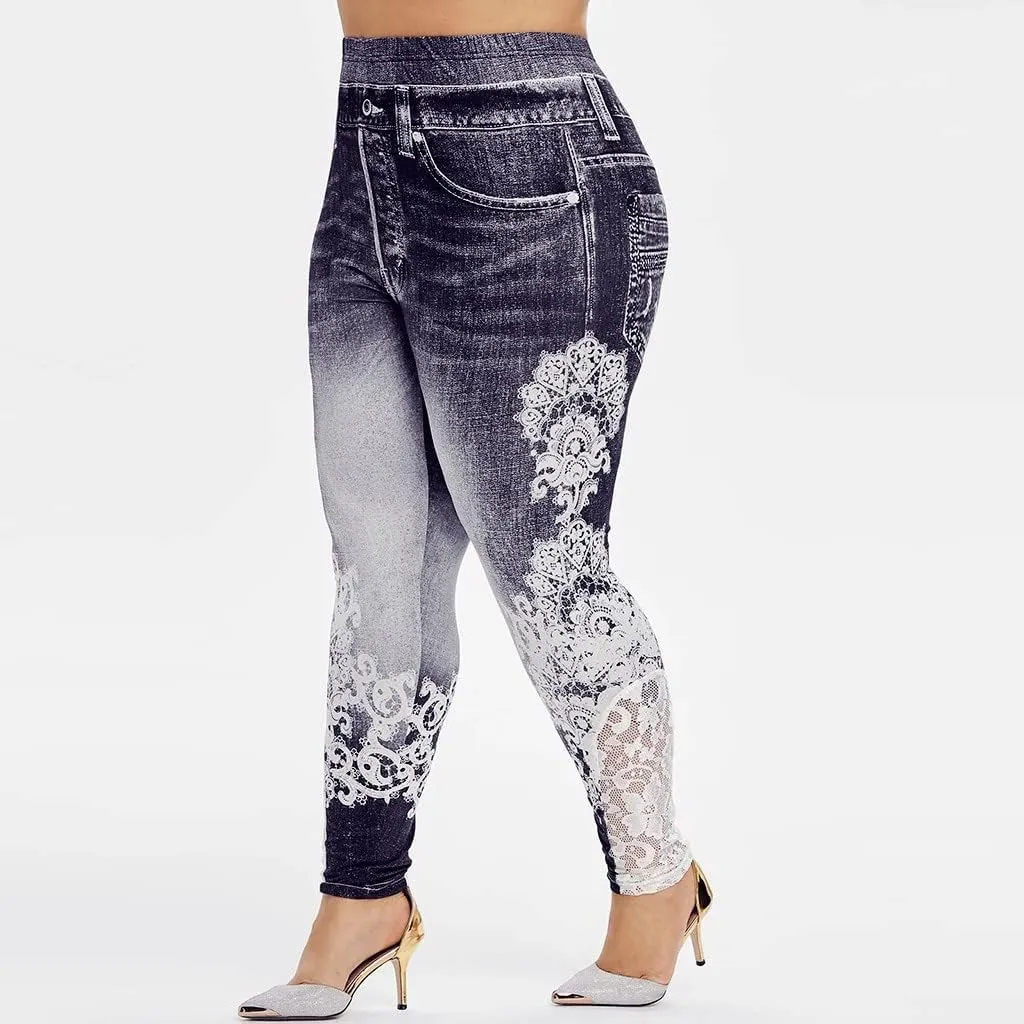 Lace Jean Leggings Women Butterfly Printed Denim Pants High Waist Butt Lift Capri Stretch Trim Pencil Denim Pants Plus