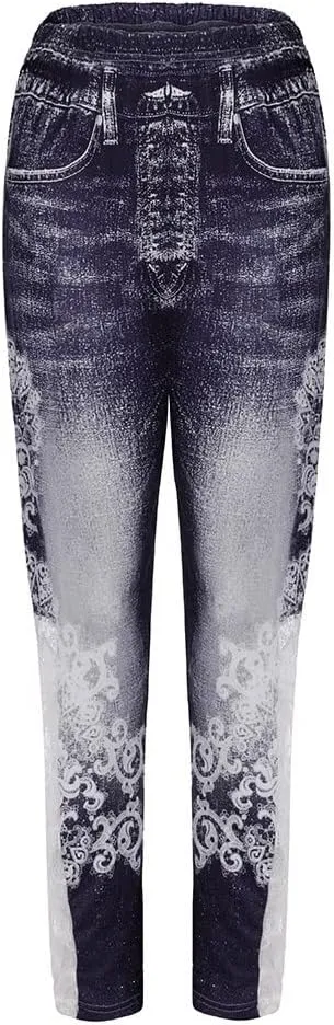 Lace Jean Leggings Women Butterfly Printed Denim Pants High Waist Butt Lift Capri Stretch Trim Pencil Denim Pants Plus