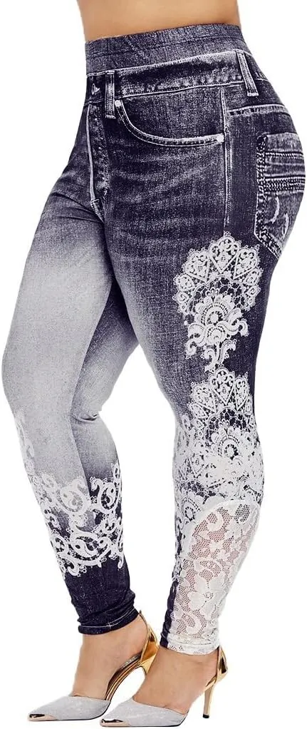 Lace Jean Leggings Women Butterfly Printed Denim Pants High Waist Butt Lift Capri Stretch Trim Pencil Denim Pants Plus