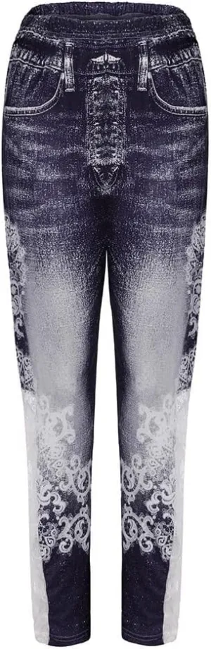 Lace Jean Leggings Women Butterfly Printed Denim Pants High Waist Butt Lift Capri Stretch Trim Pencil Denim Pants Plus