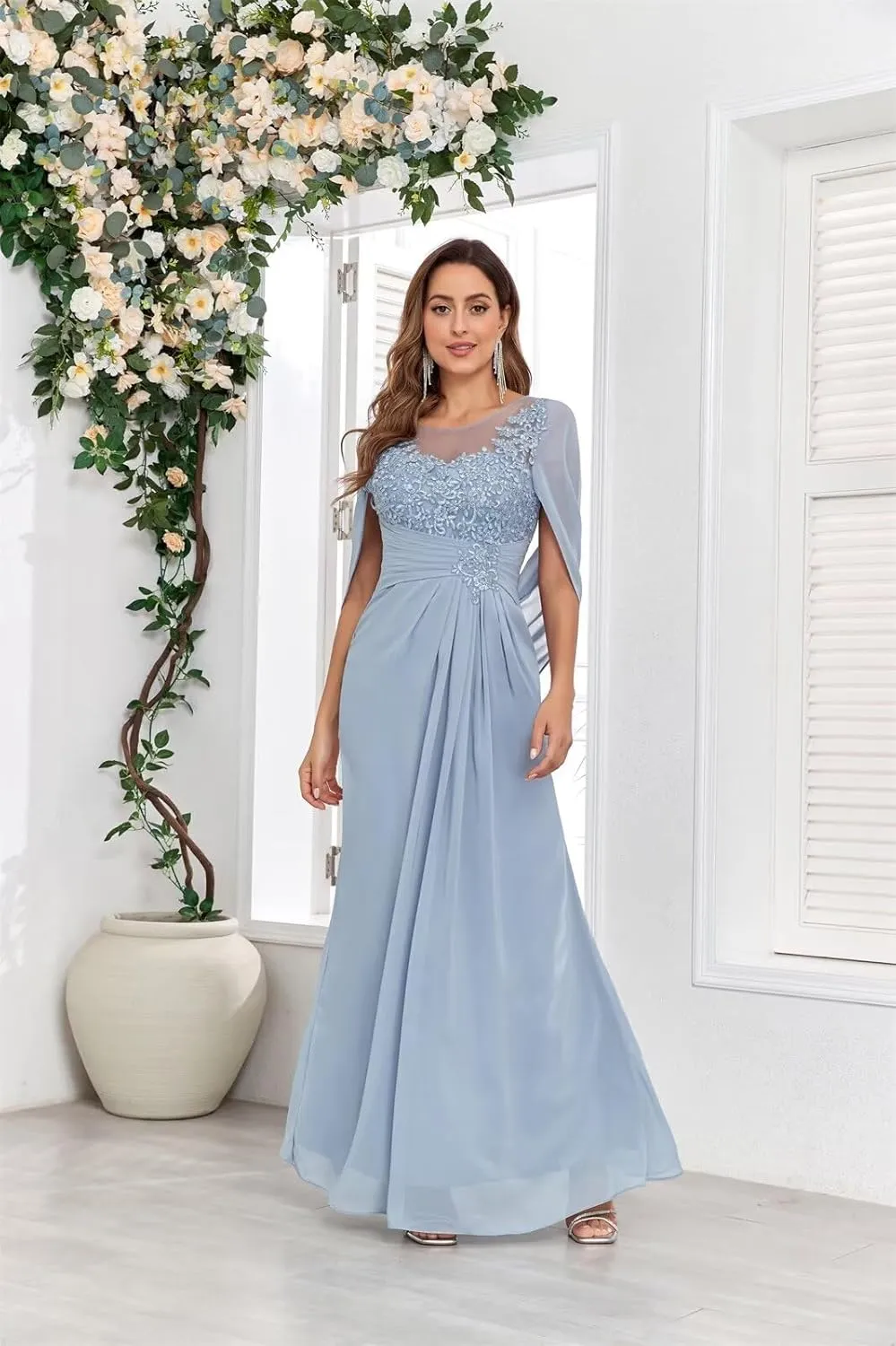Lace Mermaid Mother of The Bride Dresses for Wedding Cape Chiffon Formal Evening Dress