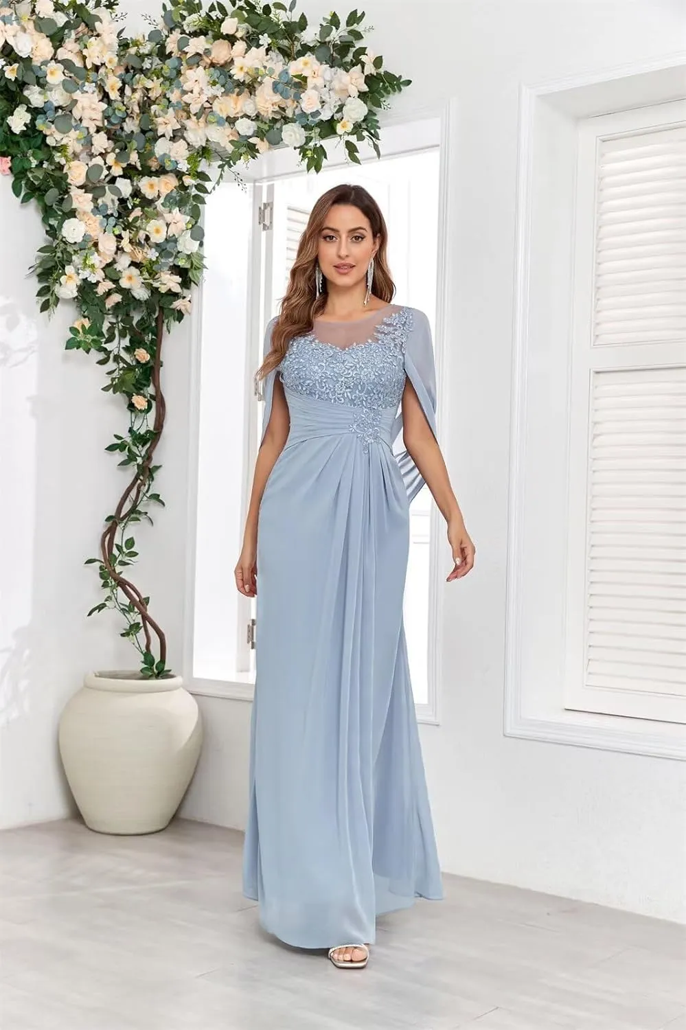 Lace Mermaid Mother of The Bride Dresses for Wedding Cape Chiffon Formal Evening Dress
