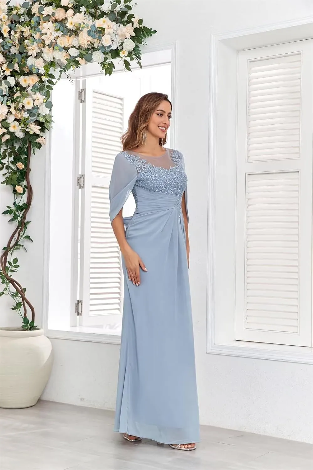 Lace Mermaid Mother of The Bride Dresses for Wedding Cape Chiffon Formal Evening Dress