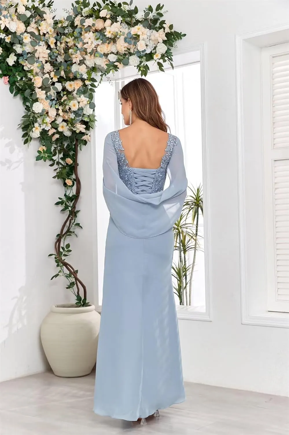 Lace Mermaid Mother of The Bride Dresses for Wedding Cape Chiffon Formal Evening Dress