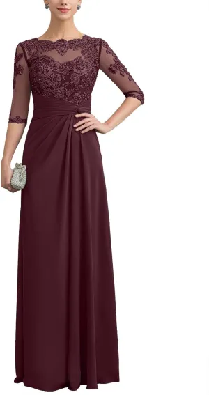 Lace Mother of The Bride Dresses for Wedding Long Formal Dress with Sleeves Ruffles Chiffon Evening Gowns