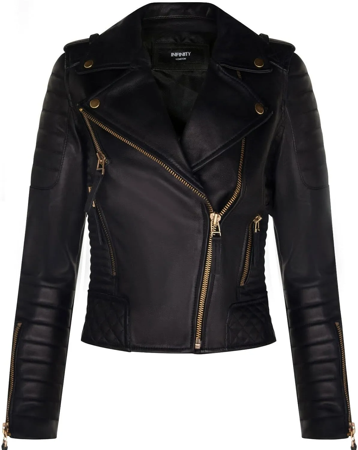 Ladies Leather Biker Jacket Quilted Matte Black Gold Zip Real Nappa Goth Fashion Moto Jacket