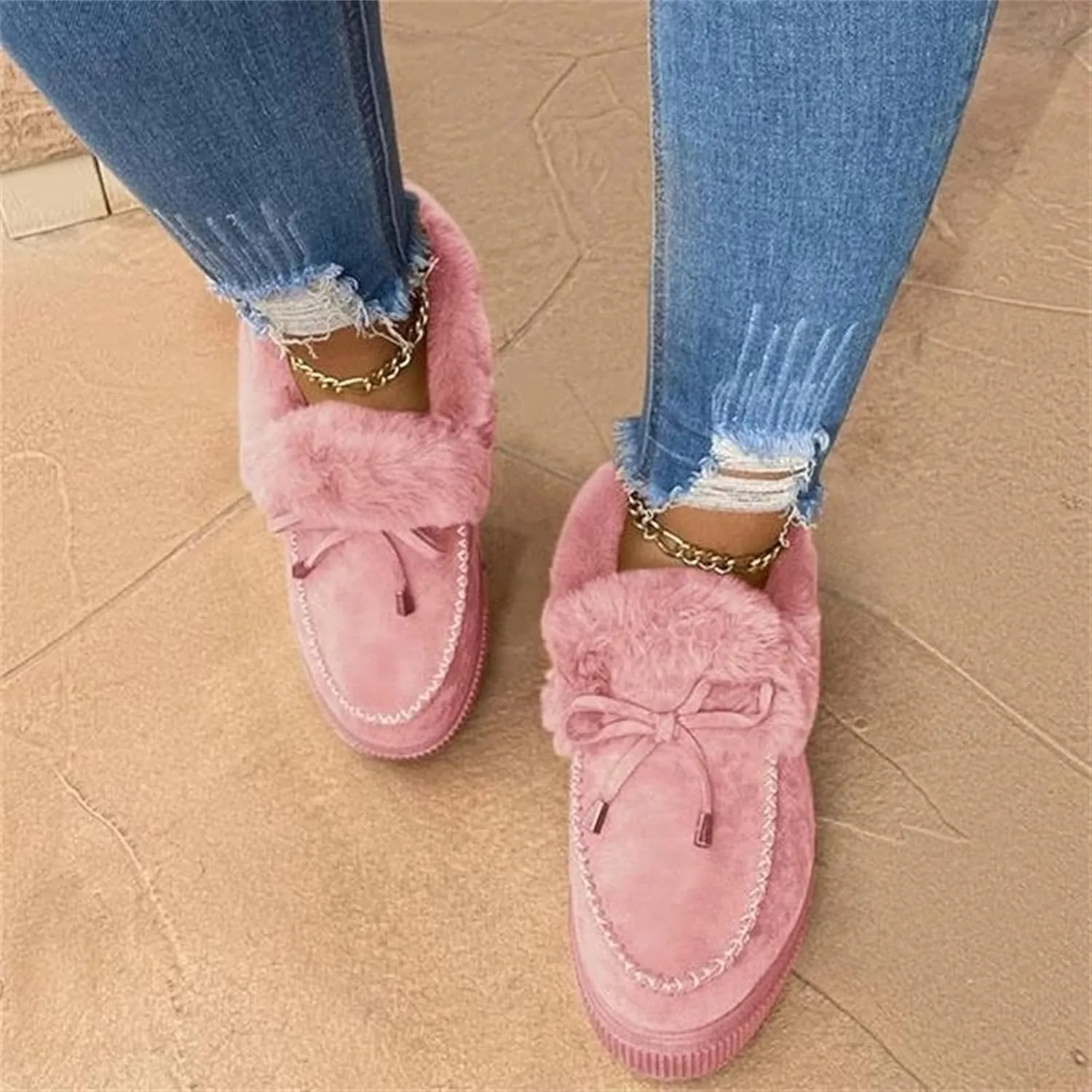 Ladmiple Booties For Women 2024 Winter Snow Boots Classic Fur Lined Slip On Ankle Boots Fashion Casual Warm Loafers Shoes