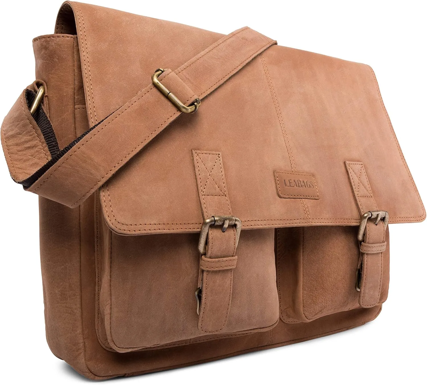 LEABAGS Leather Briefcases for Men - Genuine Leather Cambridge 15 Inch Laptop Bag - Messenger Bag Vintage Shoulder Bag