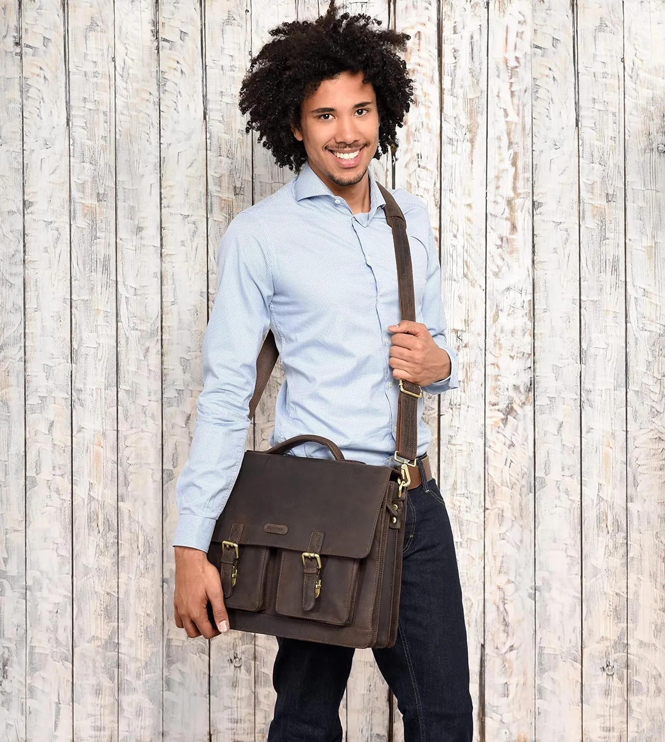 LEABAGS Leather Messenger Bag for Men - Genuine Buffalo Leather Miami Laptop 15" - Handbag Shoulder Bag Vintage Office bag