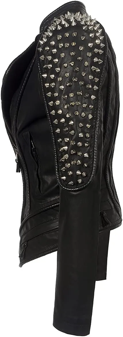 LFS Women's Punk Rivet Motorcycle Jacket Fashion Zipper Asymmetric Studded Perfectly Shaping Faux Leather Biker Coat