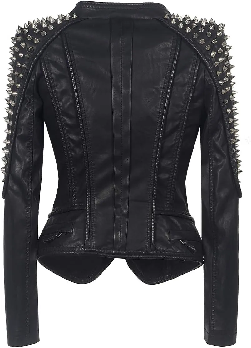 LFS Women's Punk Rivet Motorcycle Jacket Fashion Zipper Asymmetric Studded Perfectly Shaping Faux Leather Biker Coat