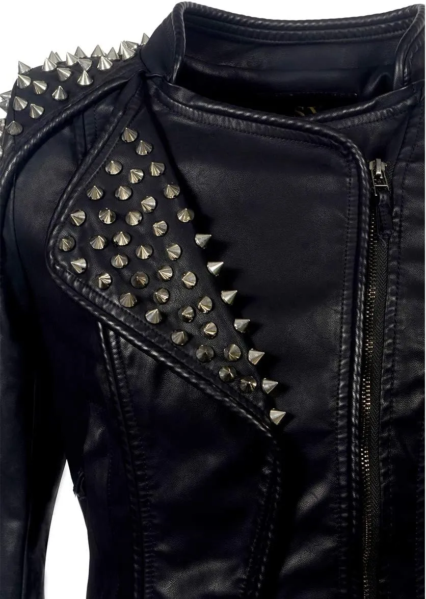 LFS Women's Punk Rivet Motorcycle Jacket Fashion Zipper Asymmetric Studded Perfectly Shaping Faux Leather Biker Coat