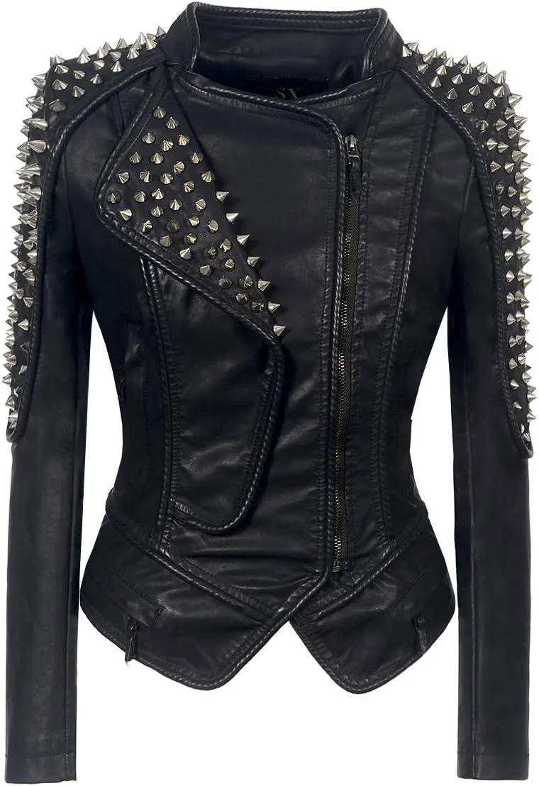 LFS Women's Punk Rivet Motorcycle Jacket Fashion Zipper Asymmetric Studded Perfectly Shaping Faux Leather Biker Coat