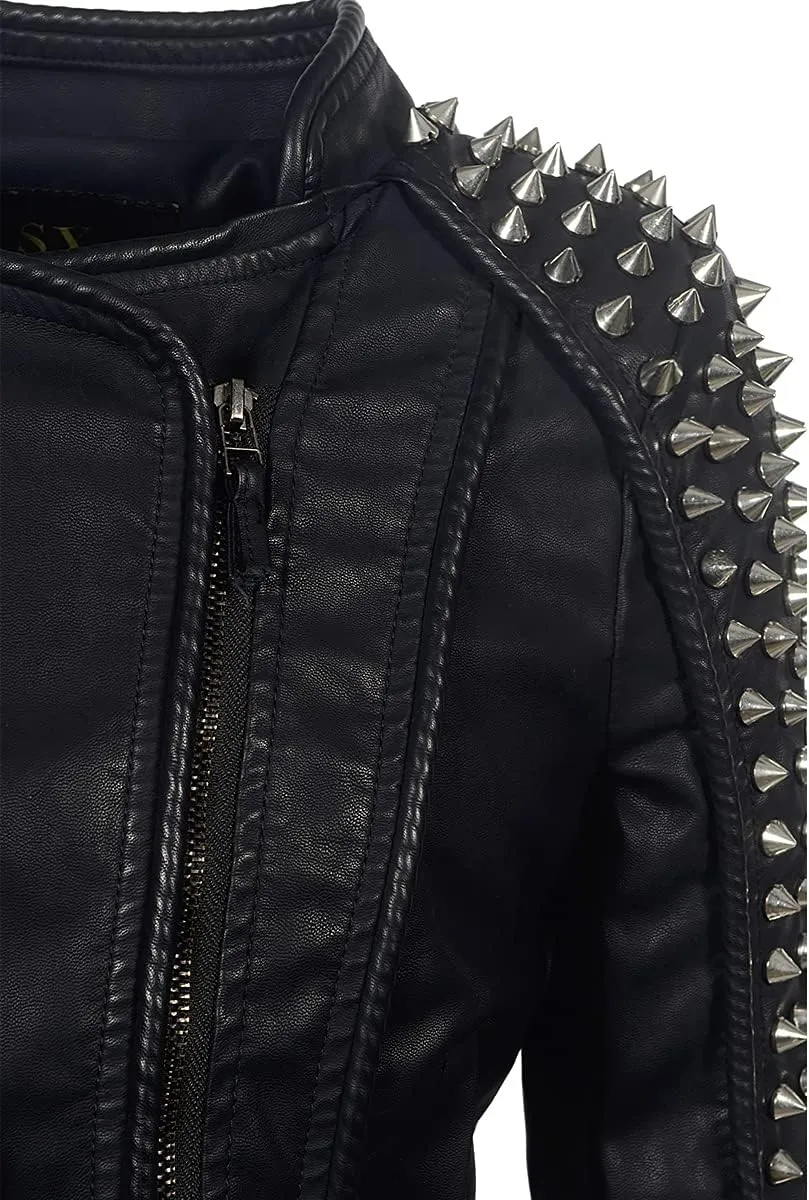 LFS Women's Punk Rivet Motorcycle Jacket Fashion Zipper Asymmetric Studded Perfectly Shaping Faux Leather Biker Coat
