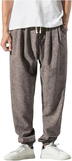 Linen Harem Pants Men Plus Size Waist Drawstring Pleated Cotton Linen Trousers Cinch Bottom Hippie Pants Joggers