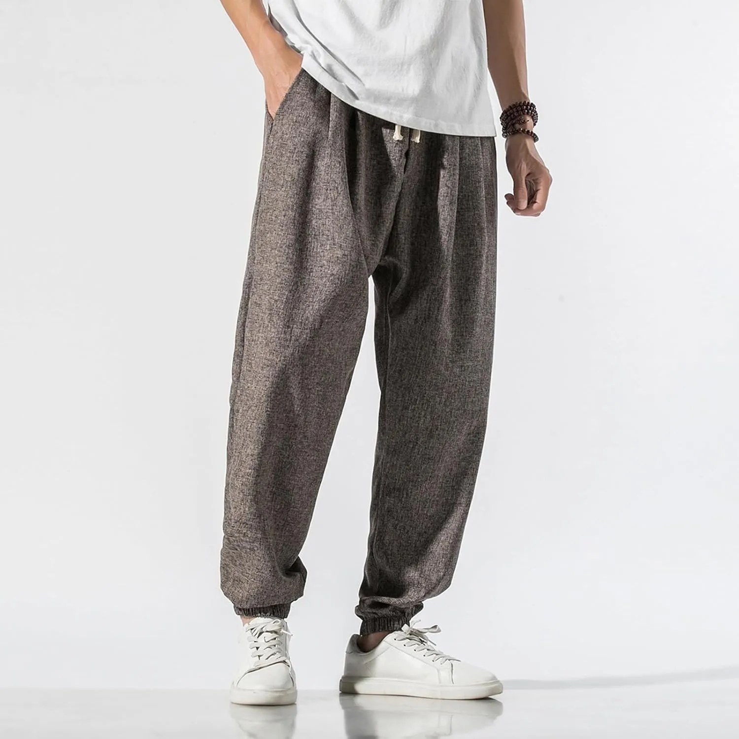 Linen Harem Pants Men Plus Size Waist Drawstring Pleated Cotton Linen Trousers Cinch Bottom Hippie Pants Joggers