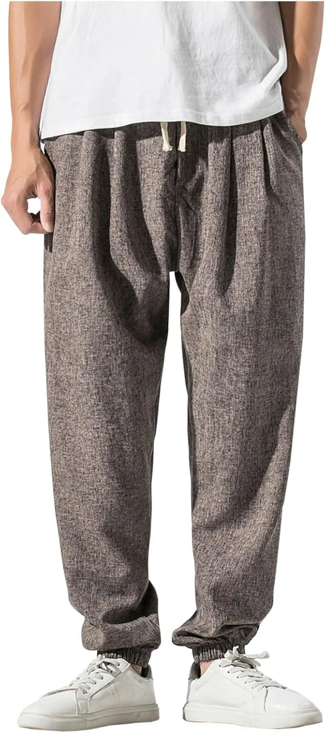 Linen Harem Pants Men Plus Size Waist Drawstring Pleated Cotton Linen Trousers Cinch Bottom Hippie Pants Joggers