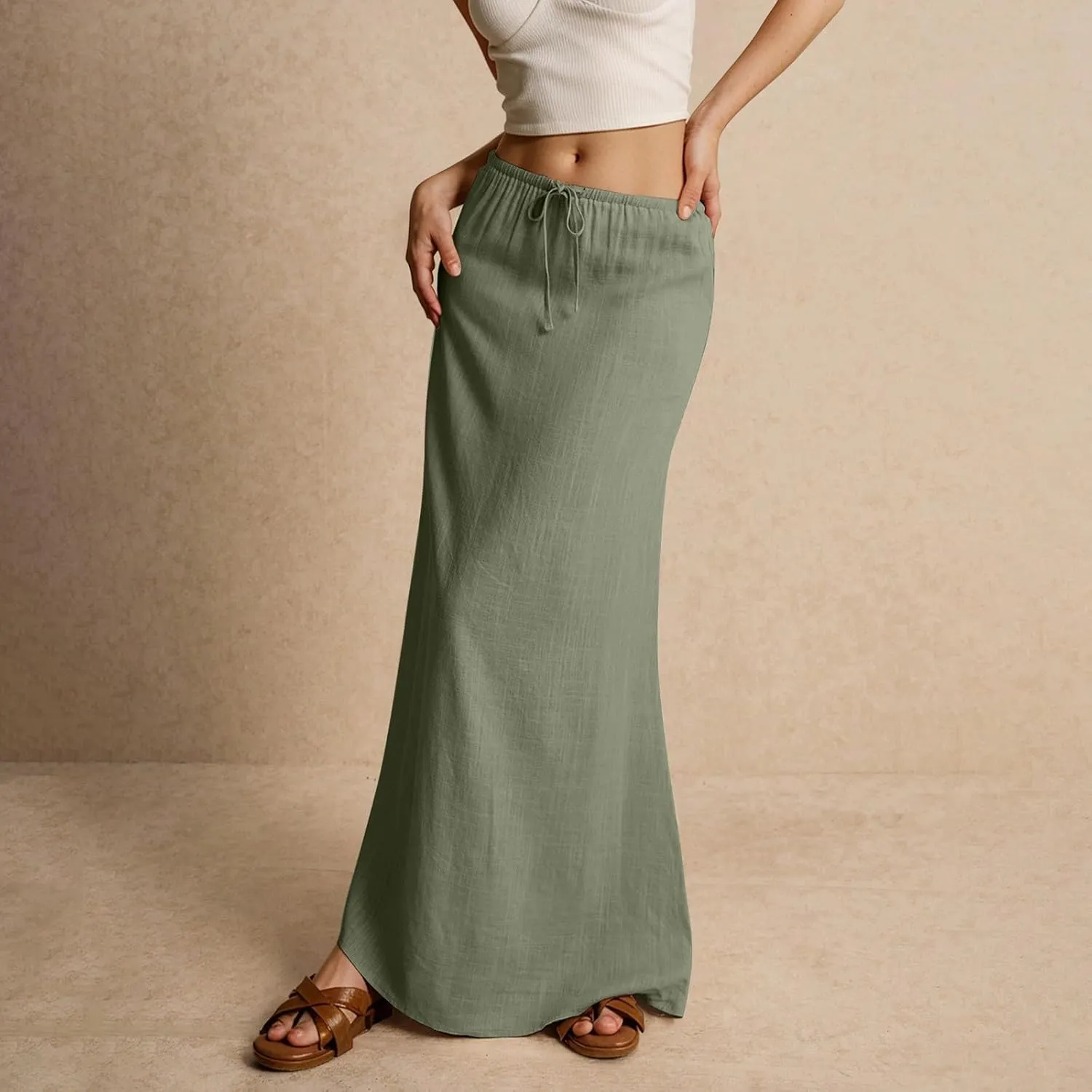 Linen Maxi Skirts for Women Summer 2025 Vacation Boho Skirt Comfy Drawstring Low Waist A Line Skirt Long Cover Ups