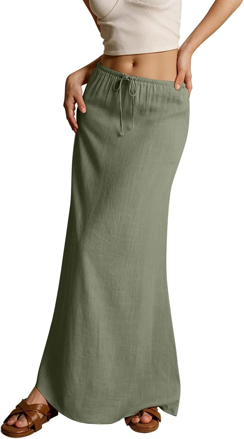 Linen Maxi Skirts for Women Summer 2025 Vacation Boho Skirt Comfy Drawstring Low Waist A Line Skirt Long Cover Ups