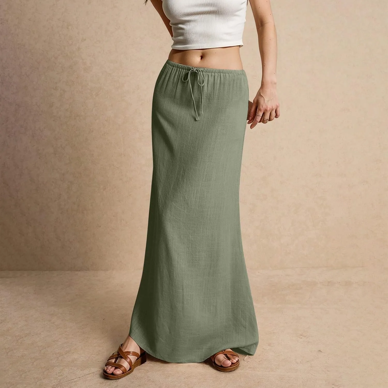 Linen Maxi Skirts for Women Summer 2025 Vacation Boho Skirt Comfy Drawstring Low Waist A Line Skirt Long Cover Ups