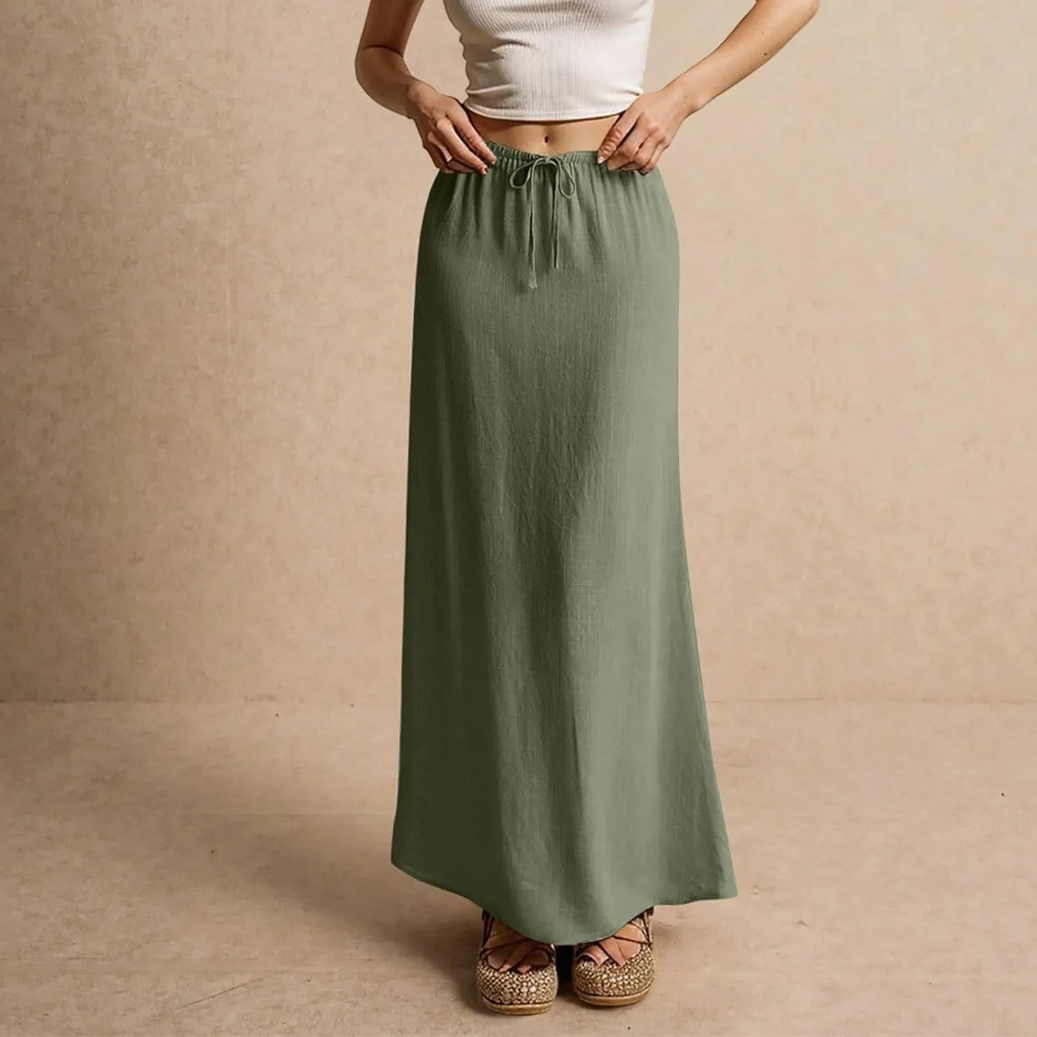 Linen Maxi Skirts for Women Summer 2025 Vacation Boho Skirt Comfy Drawstring Low Waist A Line Skirt Long Cover Ups