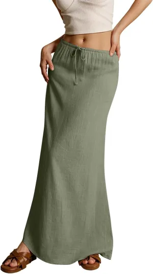 Linen Maxi Skirts for Women Summer 2025 Vacation Boho Skirt Comfy Drawstring Low Waist A Line Skirt Long Cover Ups