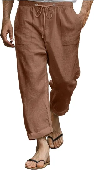 Linen Pants for Men Elastic Waist Lightweight Cotton Loose Fit Pants with Pocket Casual Vacation Summer Trouser