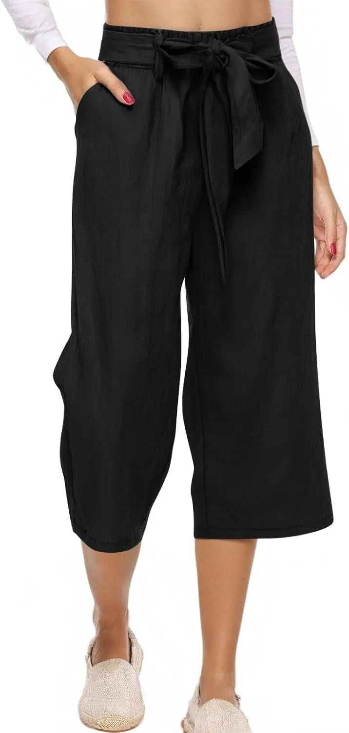 Linen Pants Women Casual High Waist Wide Leg Elastic Drawstring Pants Women with Pockets Lounge Comfy Summer Beach Trousers